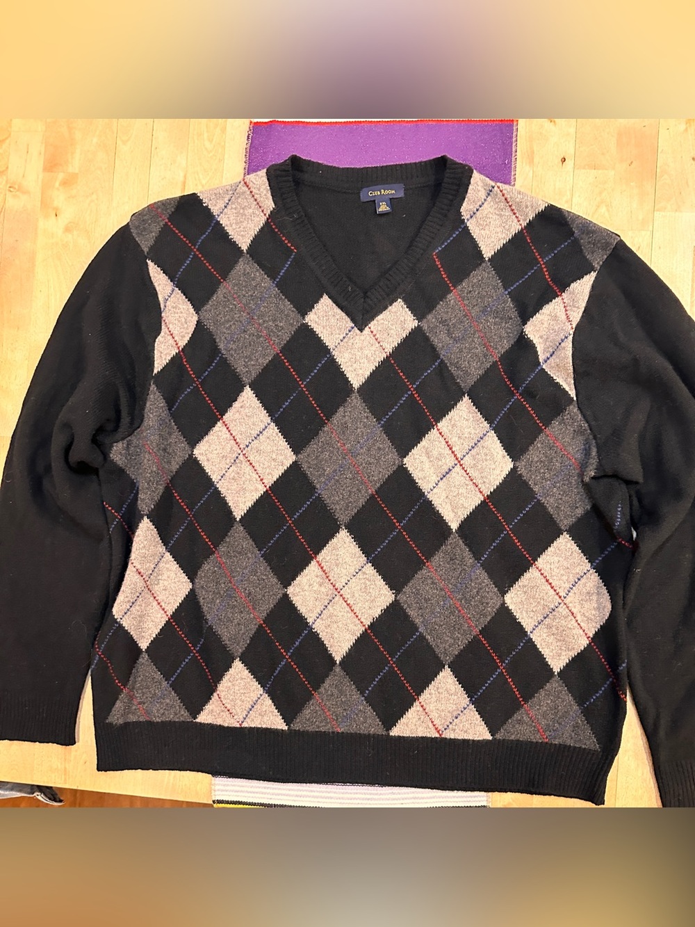 Club Room Black and Gray Argyle V-Neck Sweater with Red & Blue Accents